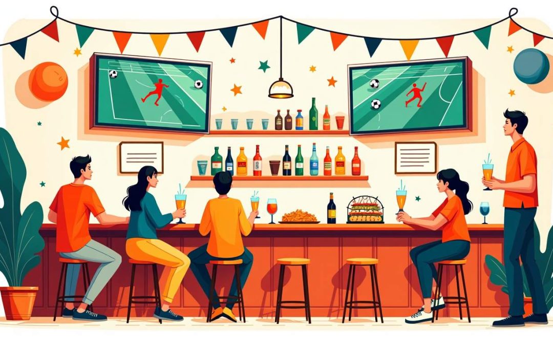 A vibrant sports bar scene featuring large screens displaying a soccer match