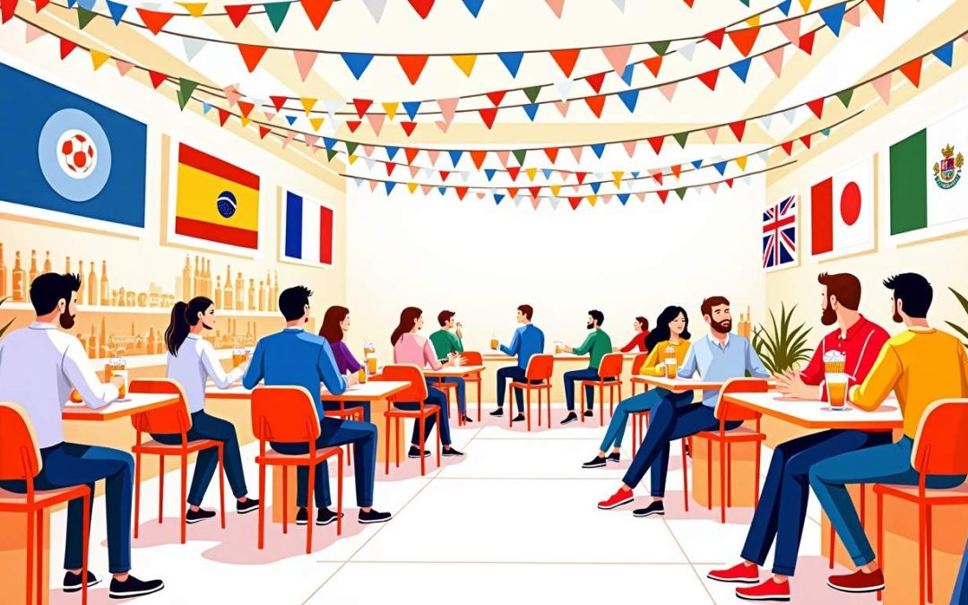 A vibrant sports bar scene featuring large screens displaying soccer matches