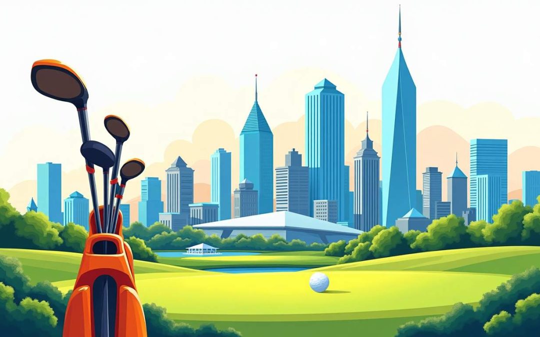 A vibrant golf course set against the backdrop of a bustling dallas skyline