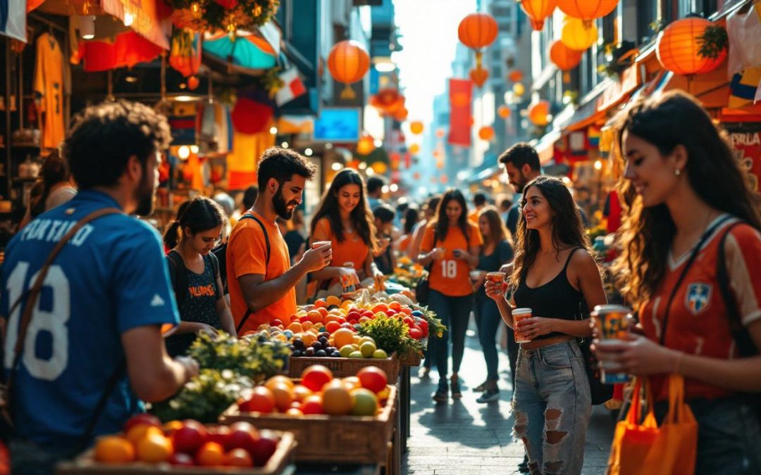 A photograph of a vibrant scene showcasing enthusiastic fans shopping for world cup merchandise in a bustling dallas marketplace