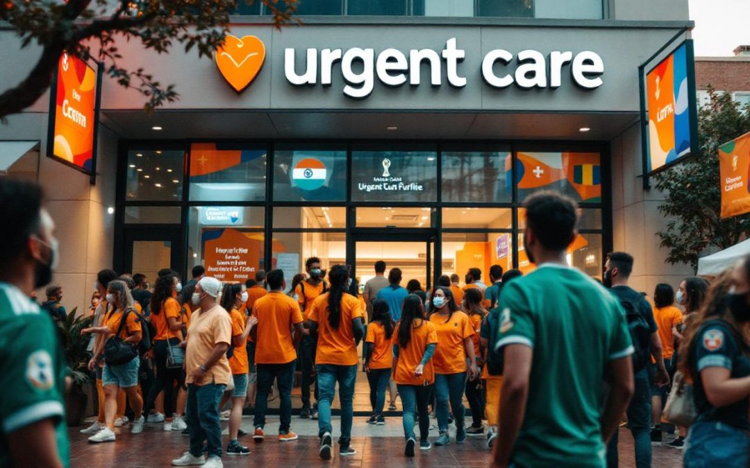 A photograph of a bustling scene outside a dallas urgent care facility during the world cup