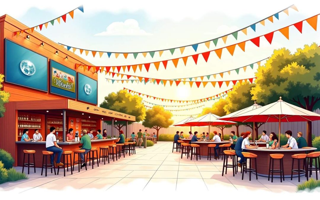 A vibrant scene showcasing a lively outdoor bar setting in arlington