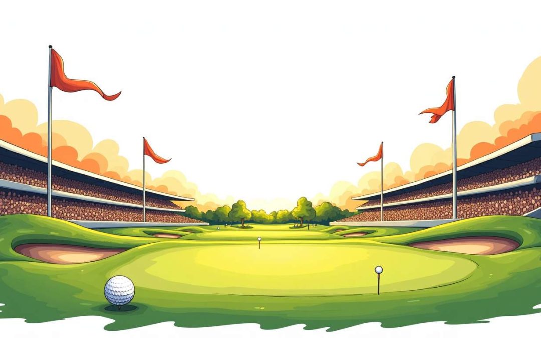 A vibrant golf course set against the backdrop of a stadium filled with cheering fans